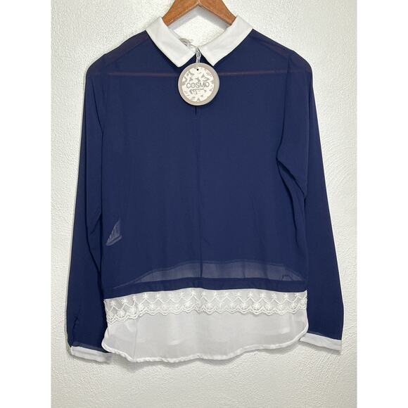 Cosmo NWT made in Italy Sheer Blouse S Navy White Preppy Layered Look Peekaboo - Picture 6 of 16